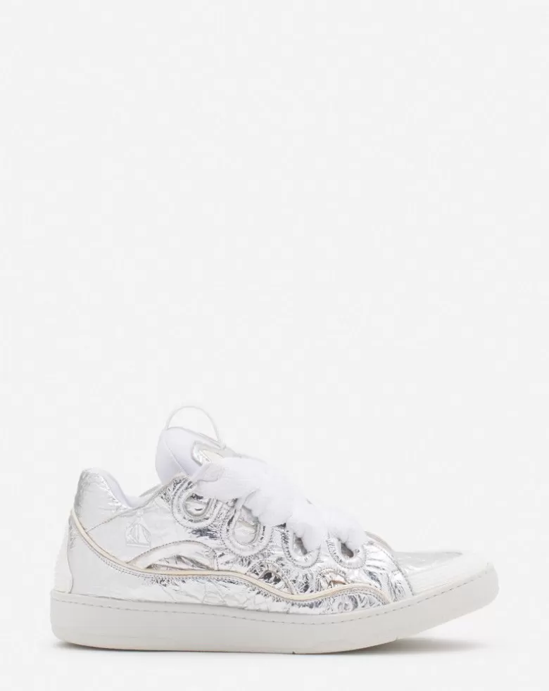 Uomini Lanvin Sneakers Curb In Pelle Metallizzata Scripata