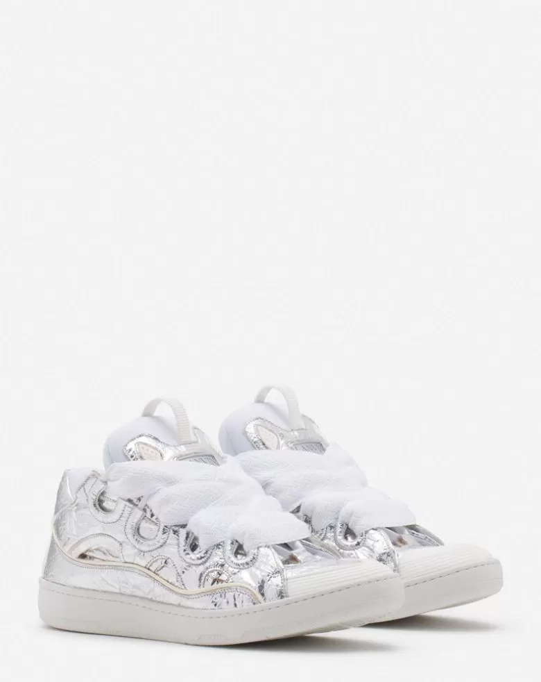 Uomini Lanvin Sneakers Curb In Pelle Metallizzata Scripata